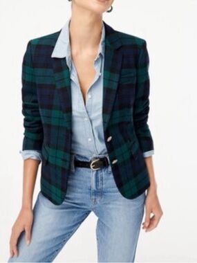 J. Crew Factory Black Watch Plaid Blazer Green Blue Gold Two Buttons Size 10